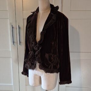 ANNE CARSON Chocolate Brown Velvet Ruffle Jacket Whimsigoth Victorian L NWT